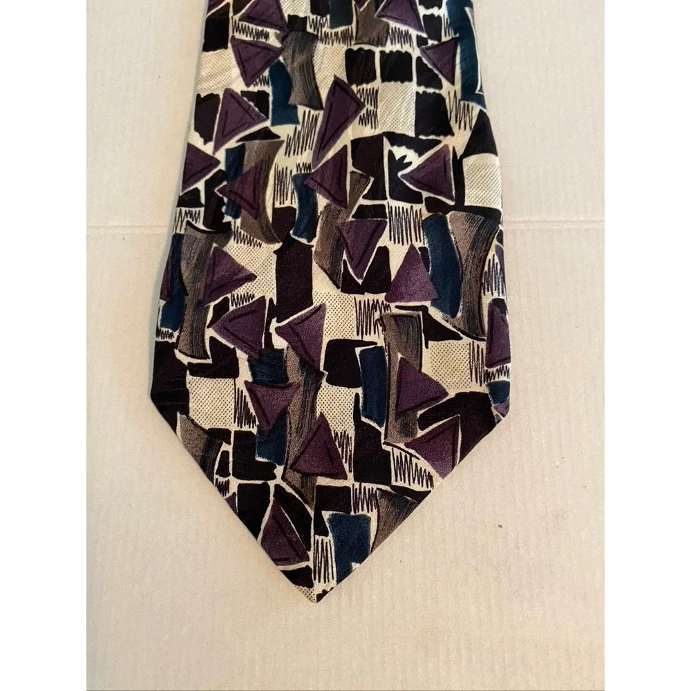 Savile Row Mens Geometric Abstract Silk Tie Purple Grey Black 90s Retro Vintage